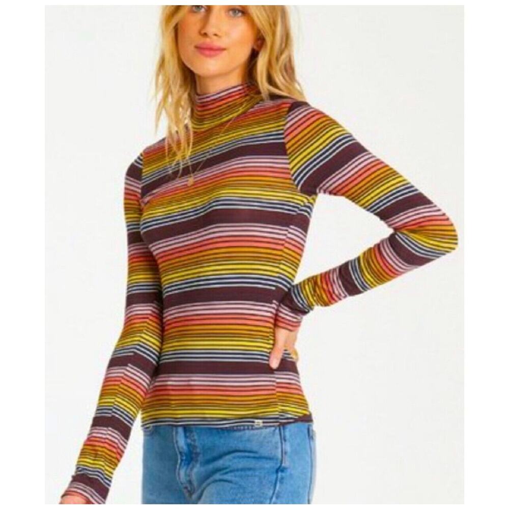 Billabong Let it Stand Striped Rainbow Turtleneck Long Sleeve Top Retro Color